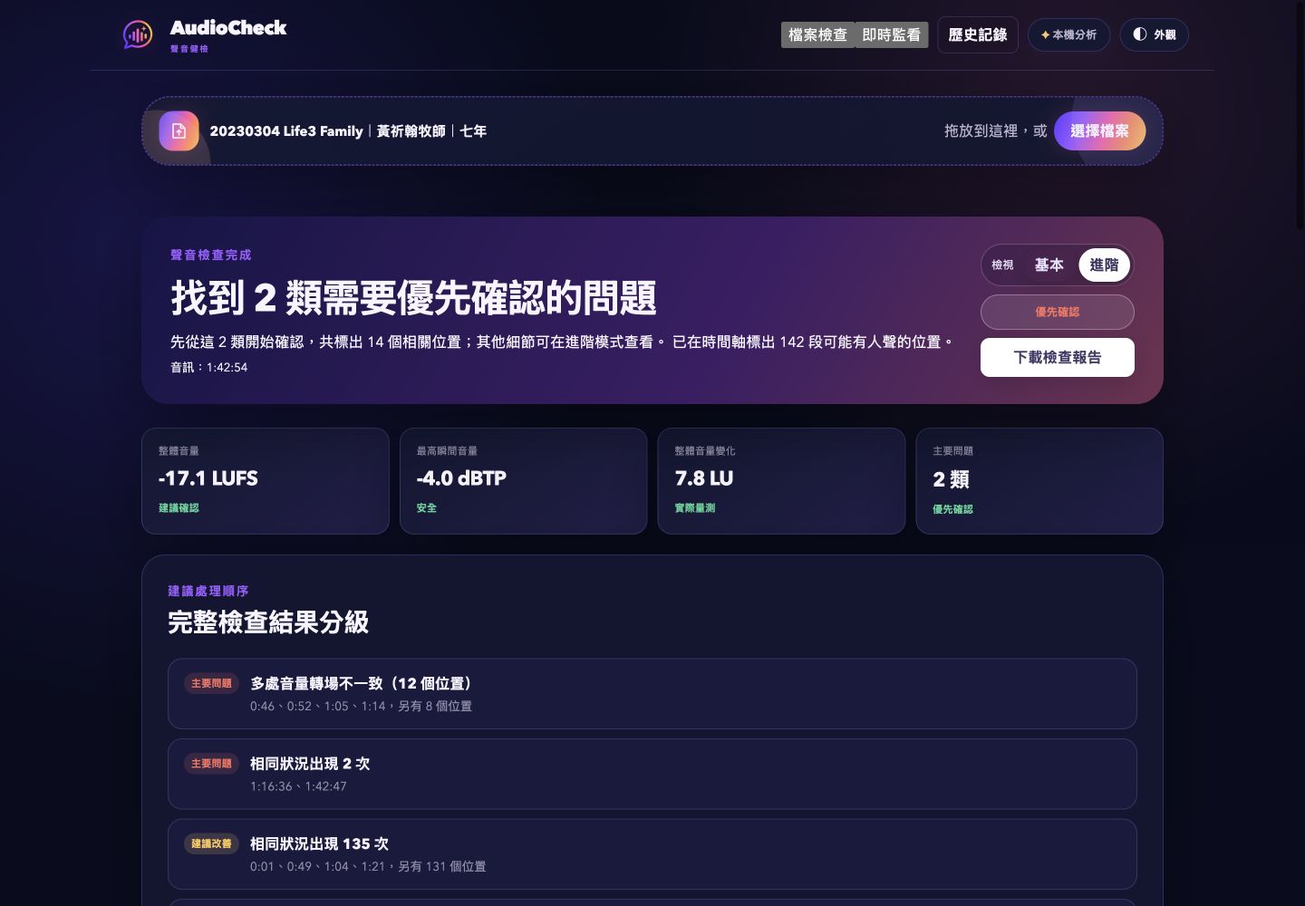 AudioCheck 進階模式，顯示主要與次要問題分級