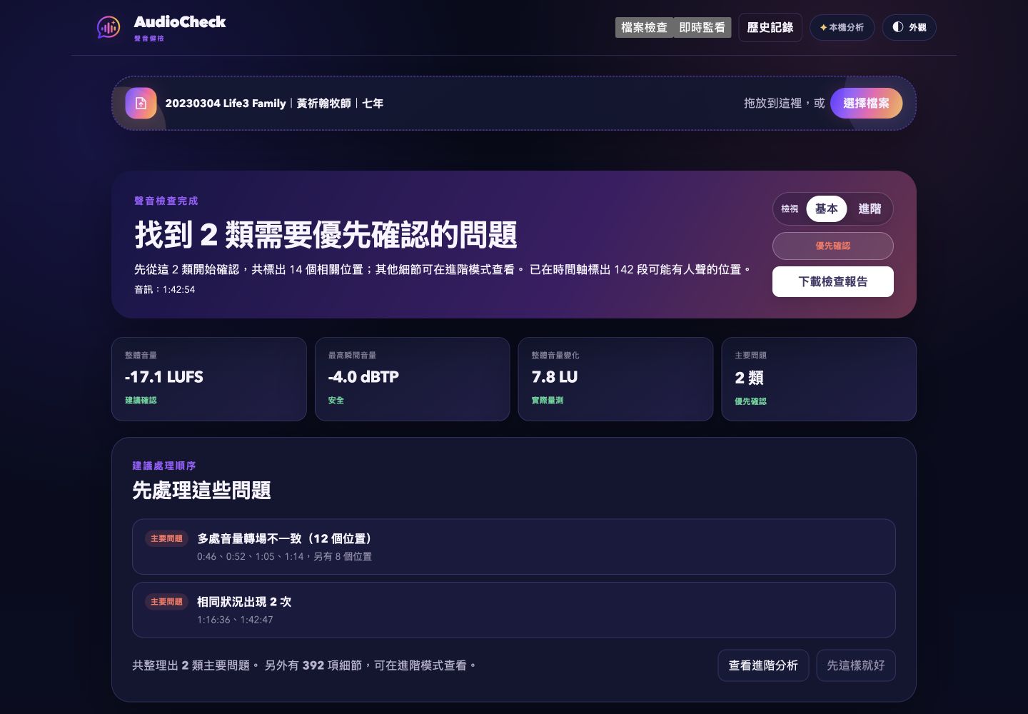 AudioCheck 結果摘要，顯示主要問題與聲音量測數據